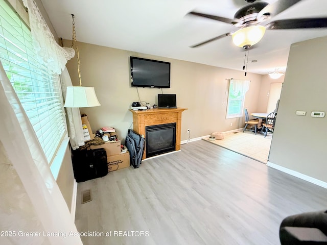 874 Brookdale St, Mason, MI 48854 - living room with wood finished floors, a glass covered fireplace, and ceiling fan