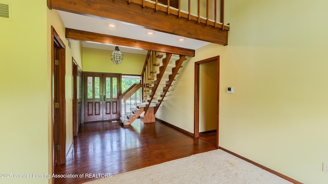 280 Winterberry Ln, Okemos, MI 48864 - foyer featuring beam ceiling, stairs, recessed lighting, and wood finished floors