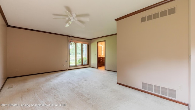 280 Winterberry Ln, Okemos, MI 48864 - spare room with ornamental molding, a ceiling fan, and light colored carpet