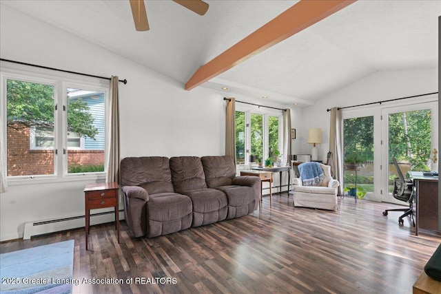 10138 Baron Blvd, Dimondale, MI 48821 - living room with a baseboard heating unit, vaulted ceiling, wood finished floors, a ceiling fan, and a baseboard radiator