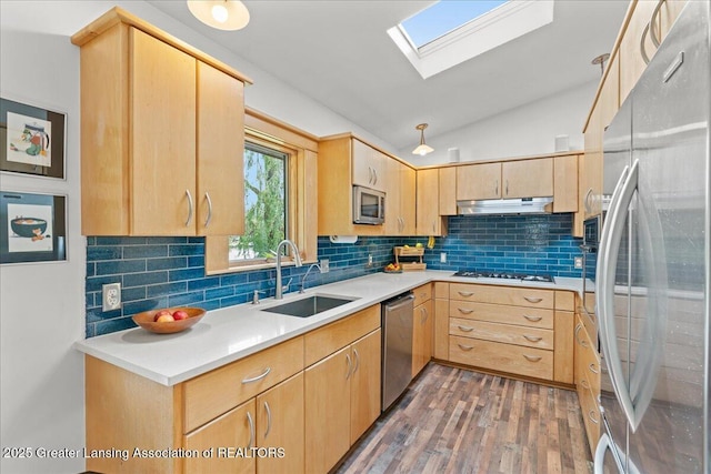 10138 Baron Blvd, Dimondale, MI 48821 - kitchen featuring appliances with stainless steel finishes, light brown cabinets, wood finished floors, and lofted ceiling