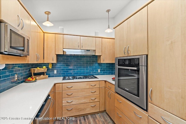 10138 Baron Blvd, Dimondale, MI 48821 - kitchen with stainless steel appliances, light brown cabinetry, light countertops, and decorative backsplash