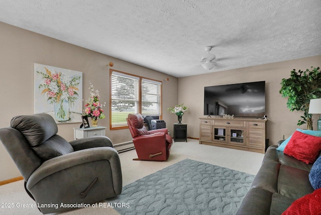 14235 Saxton Rd, Springport, MI 49284 - carpeted living room with a baseboard heating unit, a ceiling fan, and a textured ceiling