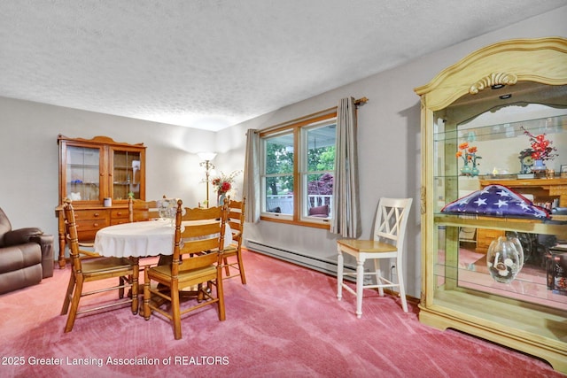 14235 Saxton Rd, Springport, MI 49284 - dining area featuring carpet flooring, a baseboard heating unit, and a textured ceiling