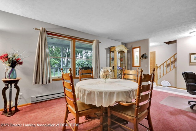 14235 Saxton Rd, Springport, MI 49284 - dining area featuring a baseboard radiator, carpet floors, a textured ceiling, and stairway