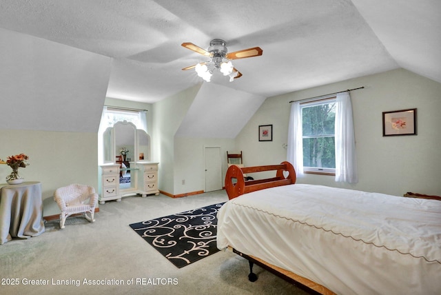 14235 Saxton Rd, Springport, MI 49284 - bedroom with lofted ceiling, carpet, ceiling fan, and a textured ceiling