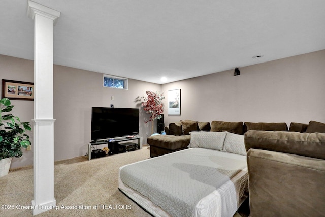 14235 Saxton Rd, Springport, MI 49284 - living area with carpet flooring and decorative columns
