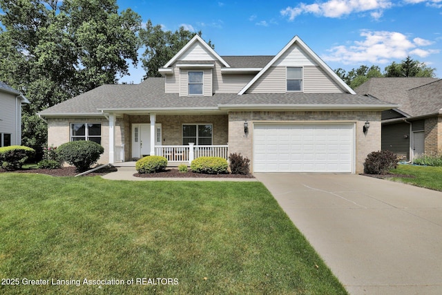 1823 Cricket Ln, East Lansing, MI 48823 - traditional-style house with a porch, roof with shingles, brick siding, a front lawn, and concrete driveway