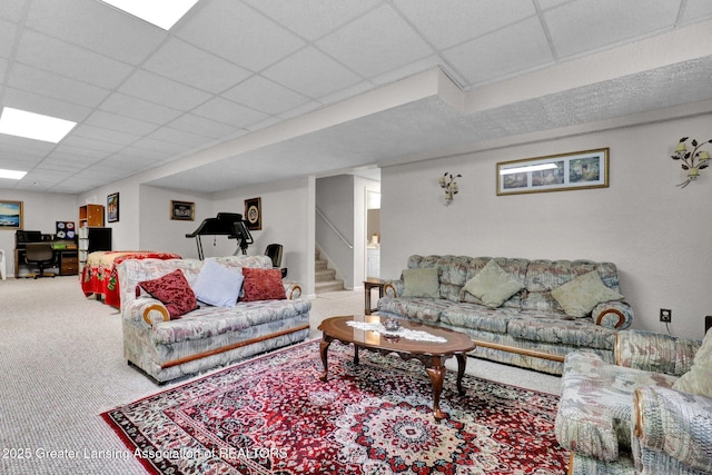 1823 Cricket Ln, East Lansing, MI 48823 - living area with an office area, carpet, stairs, and a drop ceiling