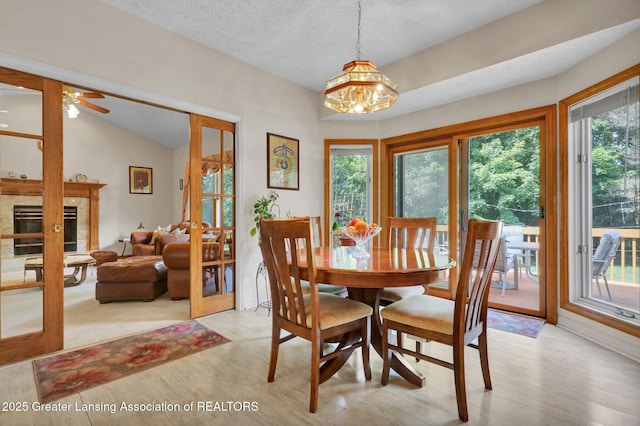 1823 Cricket Ln, East Lansing, MI 48823 - dining area featuring lofted ceiling, light wood-type flooring, ceiling fan, a chandelier, and a fireplace