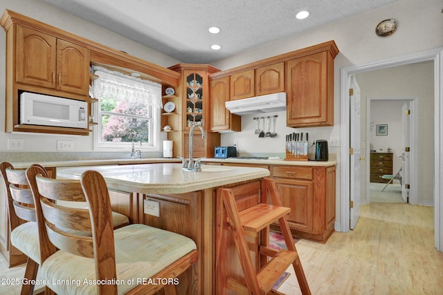 1823 Cricket Ln, East Lansing, MI 48823 - kitchen with white microwave, under cabinet range hood, light wood-style floors, a kitchen island, and recessed lighting