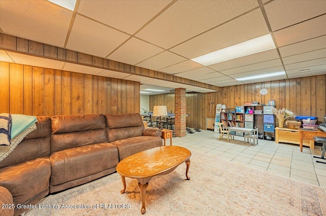 2300 Hampshire Rd, Lansing, MI 48911 - tiled living area with wooden walls and a paneled ceiling