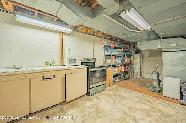 2300 Hampshire Rd, Lansing, MI 48911 - unfinished below grade area featuring water heater, light stone finish floors, and concrete block wall