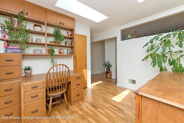 943 Lantern Hill Dr, East Lansing, MI 48823 - office with a skylight, light wood finished floors, and built in desk