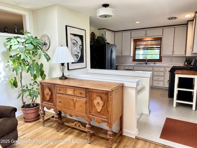 943 Lantern Hill Dr, East Lansing, MI 48823 - kitchen with freestanding refrigerator, range with gas cooktop, and light wood-style floors