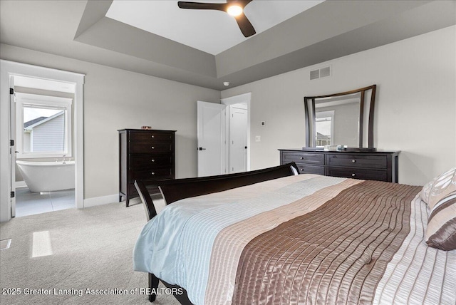 6102 Sleepy Hollow Ln, East Lansing, MI 48823 - bedroom featuring light colored carpet, ceiling fan, and ensuite bath