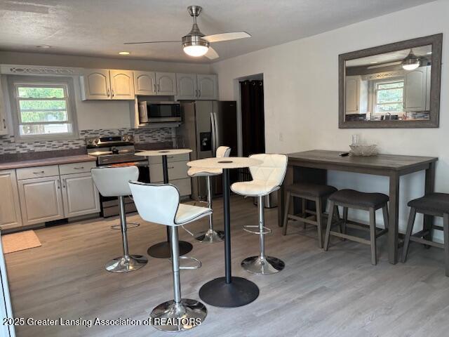 6321 Marywood Ave, Lansing, MI 48911 - kitchen with appliances with stainless steel finishes, light wood finished floors, decorative backsplash, ceiling fan, and a breakfast bar