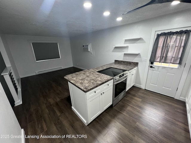 4733 S Pennsylvania Ave, Lansing, MI 48910 - kitchen with stainless steel range with electric stovetop, a baseboard radiator, a peninsula, open shelves, and dark wood-type flooring