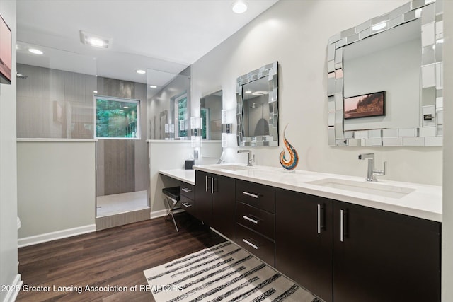 3901 W Howe Rd, Dewitt, MI 48820 - full bath with wood finished floors, a walk in shower, double vanity, and recessed lighting