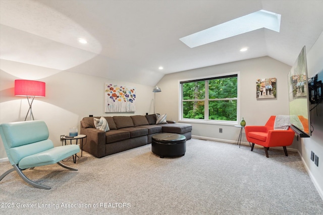 3901 W Howe Rd, Dewitt, MI 48820 - living area featuring carpet floors, a skylight, vaulted ceiling, and recessed lighting