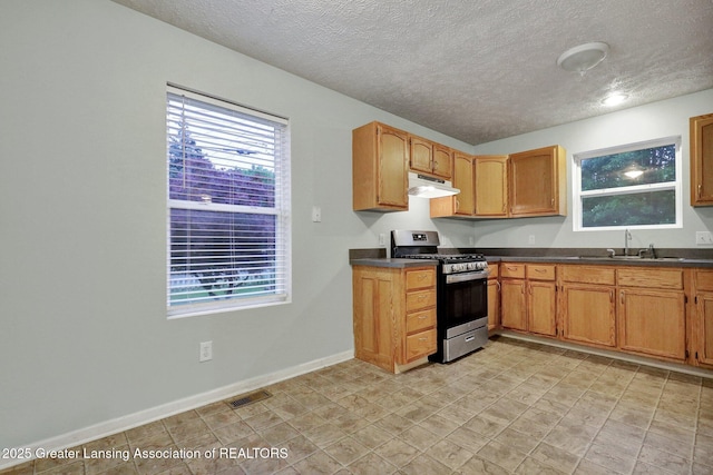 1015 Lake Lansing Rd, Lansing, MI 48906 - kitchen with stainless steel gas range oven, under cabinet range hood, dark countertops, and a textured ceiling