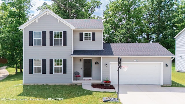 1118 River Oaks Dr, Dewitt, MI 48820 - traditional-style house with an attached garage, driveway, a front lawn, and roof with shingles