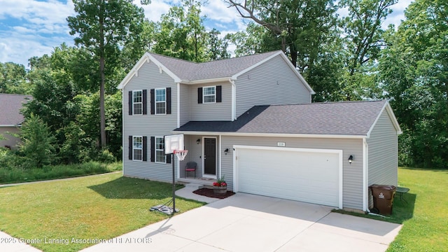 1118 River Oaks Dr, Dewitt, MI 48820 - traditional-style home featuring a garage, a front yard, concrete driveway, and a shingled roof