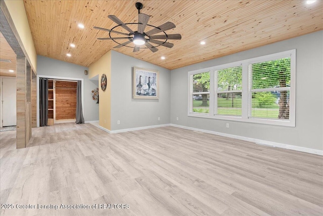 17 Charles E Pl, Battle Creek, MI 49015 - unfurnished living room with wooden ceiling, ceiling fan, vaulted ceiling, recessed lighting, and light wood-style floors