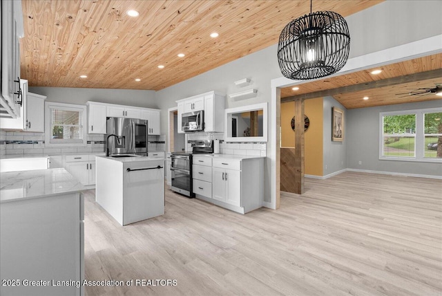 17 Charles E Pl, Battle Creek, MI 49015 - kitchen featuring appliances with stainless steel finishes, recessed lighting, wooden ceiling, backsplash, and a kitchen island with sink