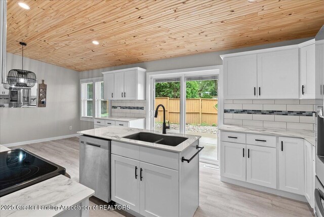 17 Charles E Pl, Battle Creek, MI 49015 - kitchen featuring stainless steel dishwasher, wood ceiling, decorative backsplash, white cabinetry, and light wood finished floors