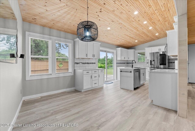 17 Charles E Pl, Battle Creek, MI 49015 - kitchen with appliances with stainless steel finishes, wood ceiling, tasteful backsplash, light countertops, and a center island with sink