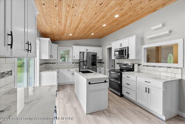 17 Charles E Pl, Battle Creek, MI 49015 - kitchen with stainless steel appliances, wooden ceiling, backsplash, a center island with sink, and vaulted ceiling