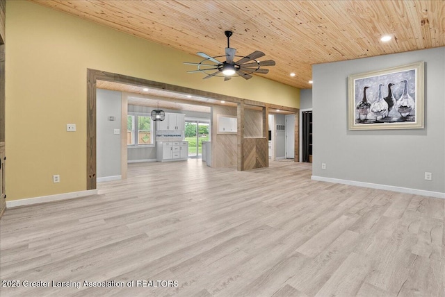 17 Charles E Pl, Battle Creek, MI 49015 - unfurnished living room with wooden ceiling, recessed lighting, a barn door, light wood-type flooring, and a ceiling fan