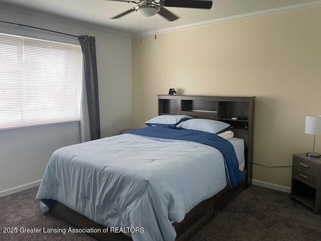 5535 W St Joe Hwy Unit B12, Lansing, MI 48917 - carpeted bedroom featuring crown molding and ceiling fan