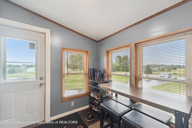 2744 Carlisle Hwy, Charlotte, MI 48813 - office area with lofted ceiling, ornamental molding, and wood finished floors
