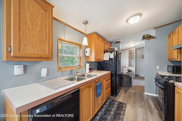 2744 Carlisle Hwy, Charlotte, MI 48813 - kitchen featuring black appliances, wood finished floors, light countertops, hanging light fixtures, and ornamental molding