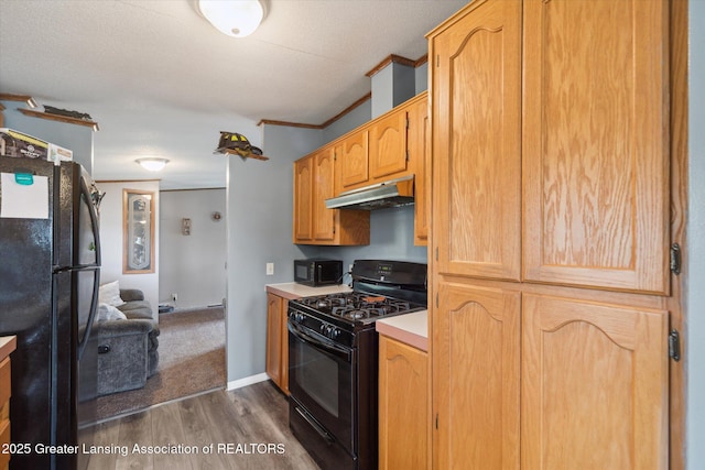 2744 Carlisle Hwy, Charlotte, MI 48813 - kitchen with black appliances, under cabinet range hood, dark wood-style floors, and light countertops