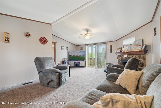 2744 Carlisle Hwy, Charlotte, MI 48813 - living room featuring ornamental molding, carpet flooring, ceiling fan, lofted ceiling, and a fireplace