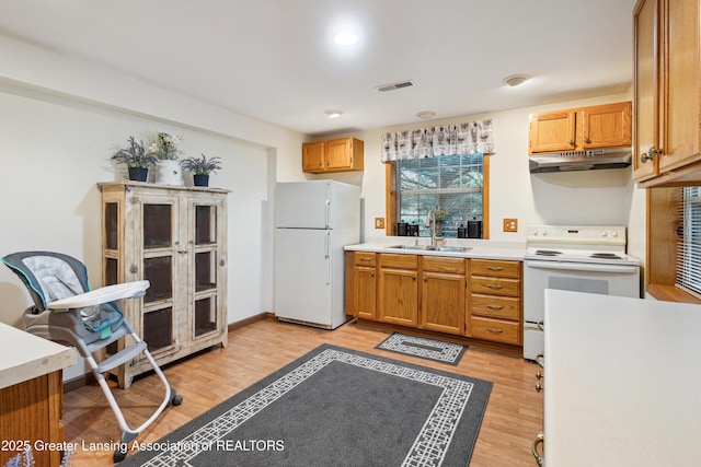 888 S Waverly Rd, Eaton Rapids, MI 48827 - kitchen featuring white appliances, under cabinet range hood, light countertops, light wood-style flooring, and brown cabinets