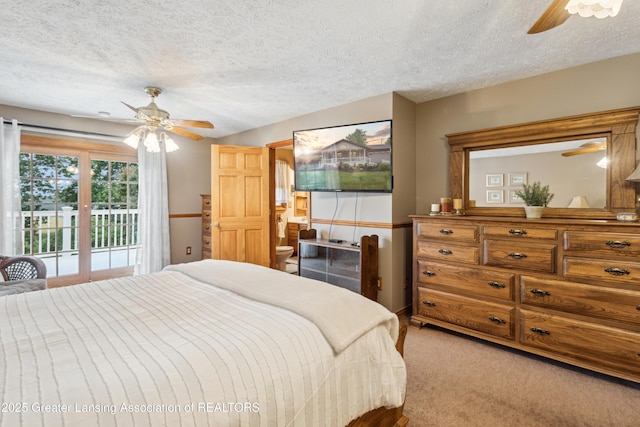 888 S Waverly Rd, Eaton Rapids, MI 48827 - carpeted bedroom with access to outside, a textured ceiling, and ceiling fan