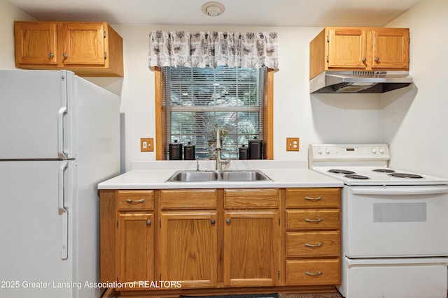 888 S Waverly Rd, Eaton Rapids, MI 48827 - kitchen featuring white appliances, under cabinet range hood, light countertops, and brown cabinets