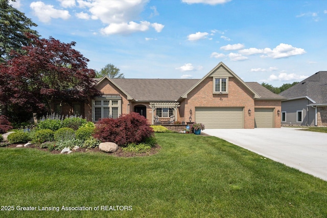 502 W Spring Meadows Ln, Dewitt, MI 48820 - view of front facade with brick siding, concrete driveway, a front yard, and a garage