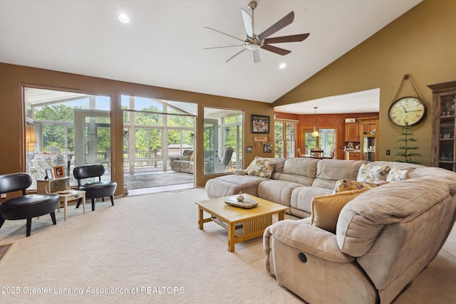 502 W Spring Meadows Ln, Dewitt, MI 48820 - living area featuring a ceiling fan, light colored carpet, high vaulted ceiling, and recessed lighting