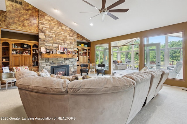 502 W Spring Meadows Ln, Dewitt, MI 48820 - living area featuring ceiling fan, healthy amount of natural light, light colored carpet, high vaulted ceiling, and recessed lighting