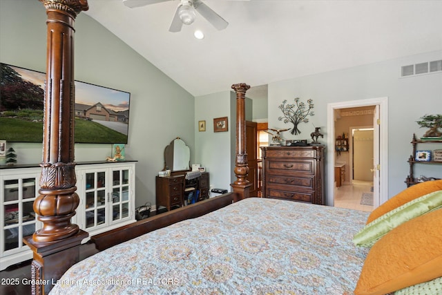 502 W Spring Meadows Ln, Dewitt, MI 48820 - bedroom featuring decorative columns, vaulted ceiling, ensuite bath, and recessed lighting