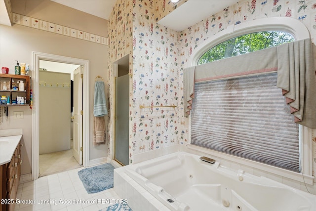 502 W Spring Meadows Ln, Dewitt, MI 48820 - full bath with vanity, a tub with jets, wallpapered walls, tile patterned flooring, and a shower stall