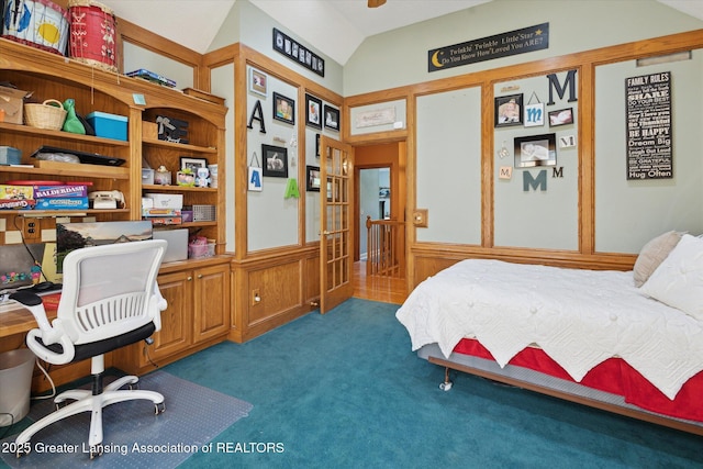502 W Spring Meadows Ln, Dewitt, MI 48820 - bedroom with carpet flooring, vaulted ceiling, and built in study area