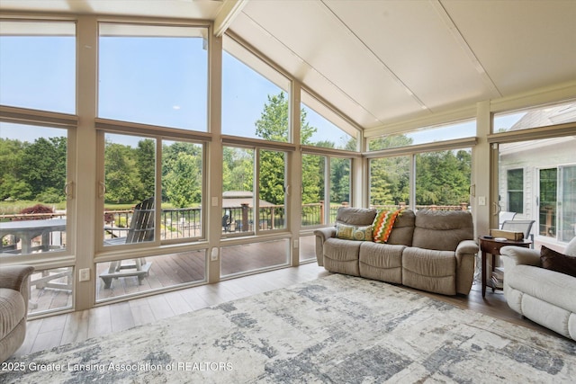 502 W Spring Meadows Ln, Dewitt, MI 48820 - sunroom / solarium featuring floor to ceiling windows, hardwood / wood-style floors, view of scattered trees, and high vaulted ceiling