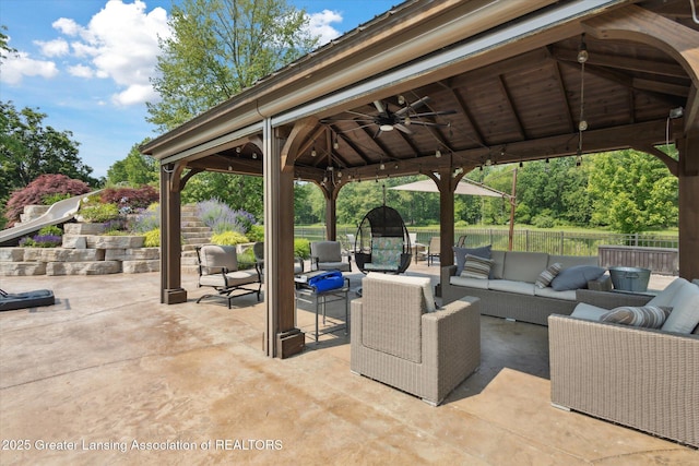 502 W Spring Meadows Ln, Dewitt, MI 48820 - view of patio featuring a gazebo, an outdoor hangout area, and ceiling fan