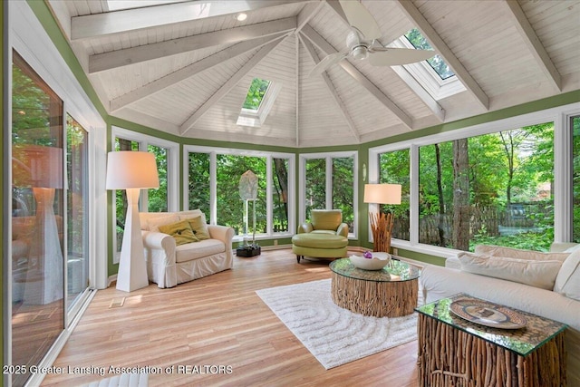 1122 Farwood Dr, East Lansing, MI 48823 - sunroom / solarium featuring a skylight, wood finished floors, and wood ceiling